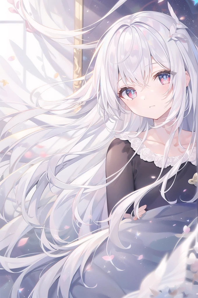 ((masterpiece, best quality))++, Detailed lighting+,  Detailed hair+, Detail hand+ ,1 girl, Miss, Long hair,   Crimson eyes,  beautiful eyes, young white hair,,(Beautiful white hair:1.5),(Beautiful and delicate eyes),  high resolution+,glass tint, Reflective eyes,   {{angle}} , Very detailed wallpaper, The original, Air bangs，Extremely beautiful CG，black worksuit，Firefly，Galaxy，Shattered like a mirror