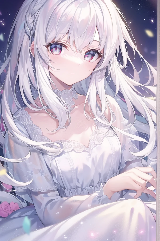 ((masterpiece, best quality))++, Detailed lighting+, Detailed hair+, Detail hand+ ,1 girl, Miss, Long hair, Crimson eyes, beautiful eyes, young white hair,,(Beautiful white hair:1.5),(Beautiful and delicate eyes), high resolution+,glass tint, Reflective eyes, {{angle}} , Very detailed wallpaper, The original, Air bangs,Extremely beautiful CG,black worksuit,Firefly,Galaxy,Shattered like a mirror