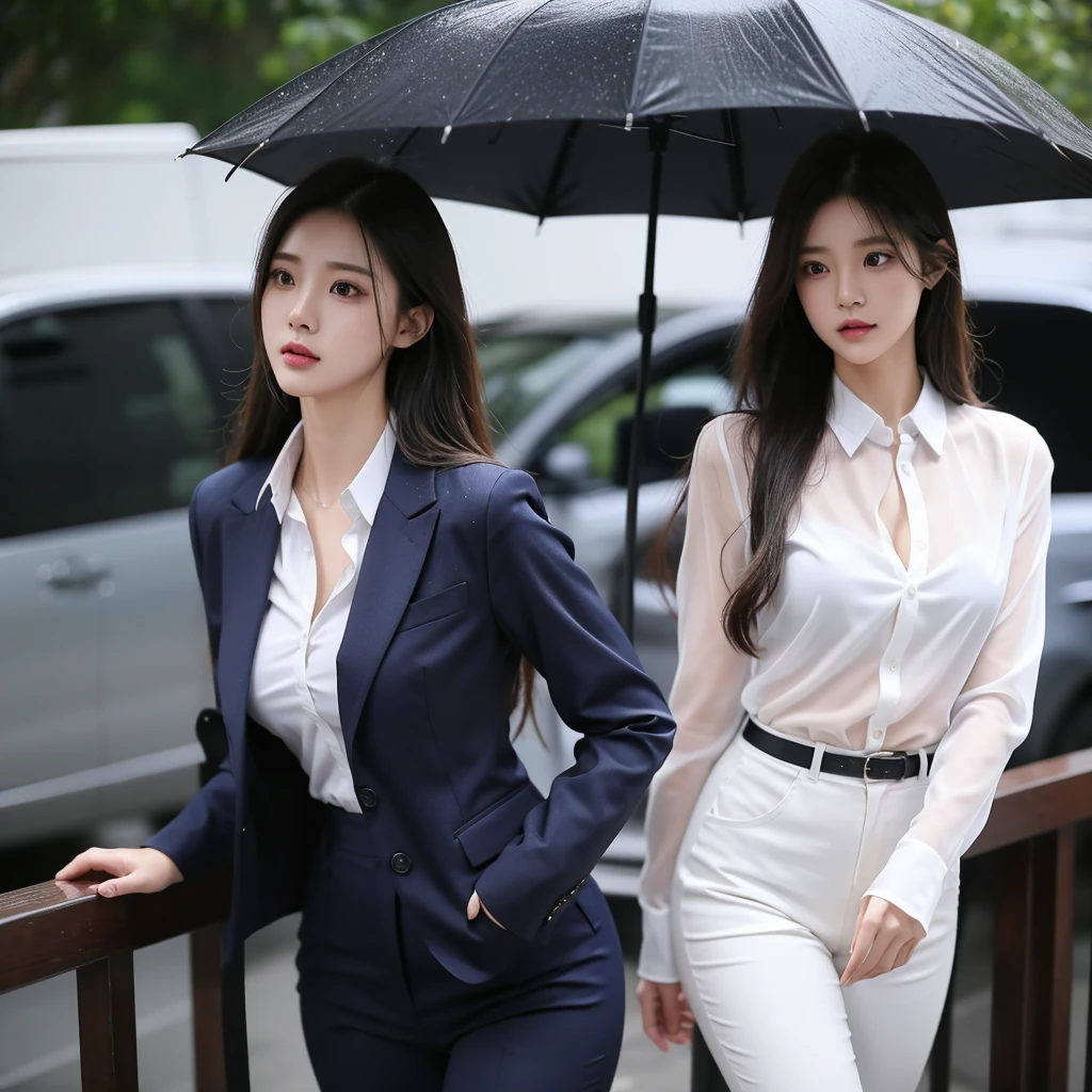 Beauty、BeautyOL、Detailed face、Realistic、beautiful girl、Beauty、Office Lady Uniform、beauty、Beautiful woman、Narrow waist、Handsome woman、Tight pants look、suit、Sexy pose、タイトなsuitパンツ、雨で濡れたsuit、Wet shirt、See-through shirt、heavy rain