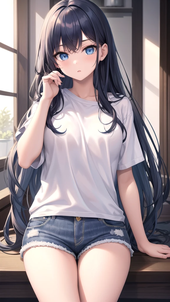 Anime girl, black hair, long bangs, spiky hair, and black cat ears that look like horns, with grey and black lines in the shirt, with black panties, red eyes