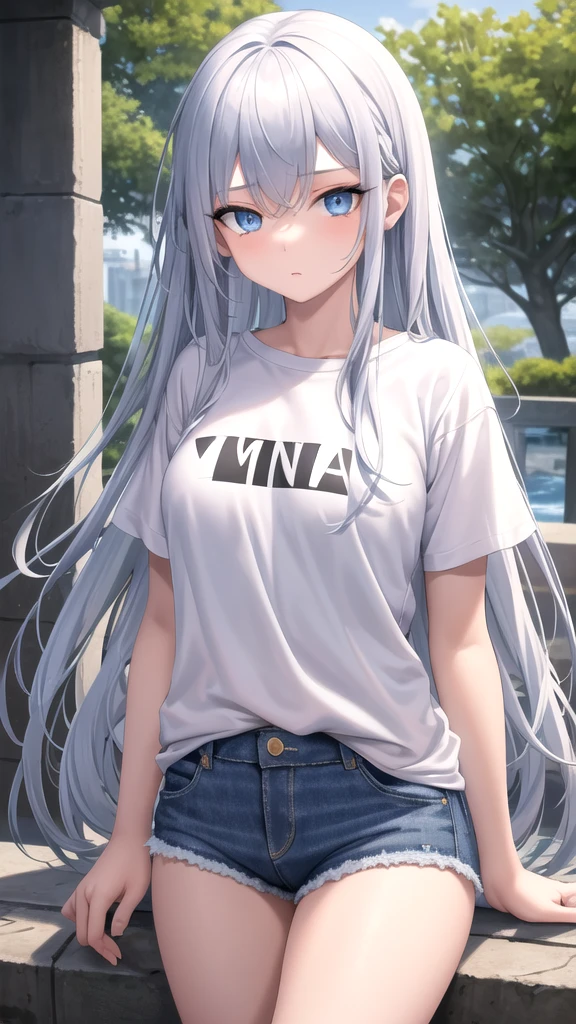 Cabello largo plateado, ojos verdes, petite, t-shirt, mini skirt, white clothes, white undewear, wolf ears, ojos seductores, sonrisa, abdomen lindo, muslos hermosos, piernas abiertas, inside house