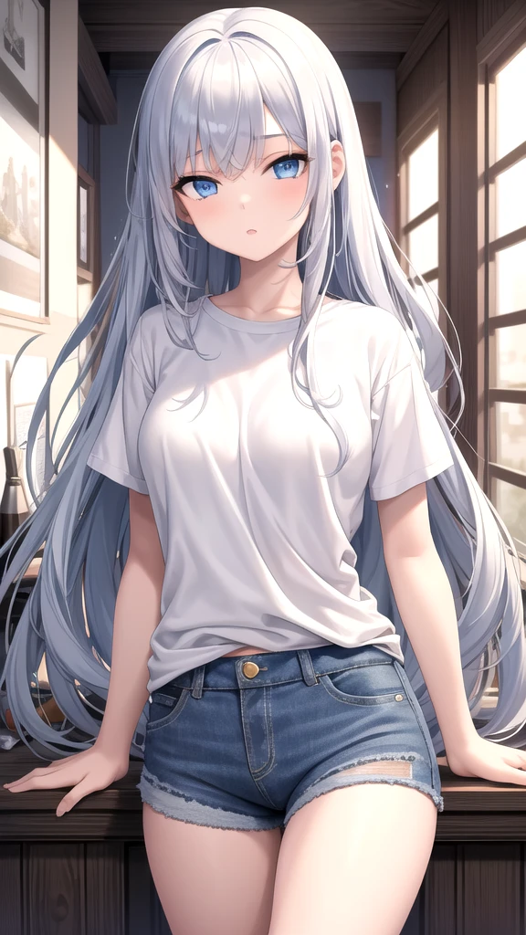  (masterpiece, Highest quality:1.2)、woman，Silver long hair，blue eyes，Transparent short camisole，Crop shirt，Off the shoulder，white，art， anime，Short denim pants