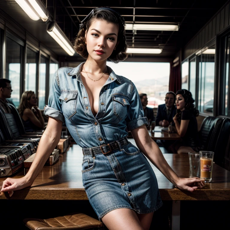 Retro Cam. margaret qualley, aircraft hangar, pilot dress, pin-up, vintage, 22 years old, perfect body, 40's, perspective, half body detail, sharp focus, light mix, detail, 50's, (high skin detail: 1,2), 8k hd, Wallpaper, DSLR, Luz outfit, high quality, Fujifilm XT3 Grainy Films.