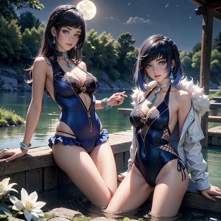1 girl, lake scene, navy swim suit, seat on the water, gold details on her clothes, waterfall, white flowers on focus, full moon, navy hair, swim suit with frills, night, flowing hair, crystals, sparkles, firefly