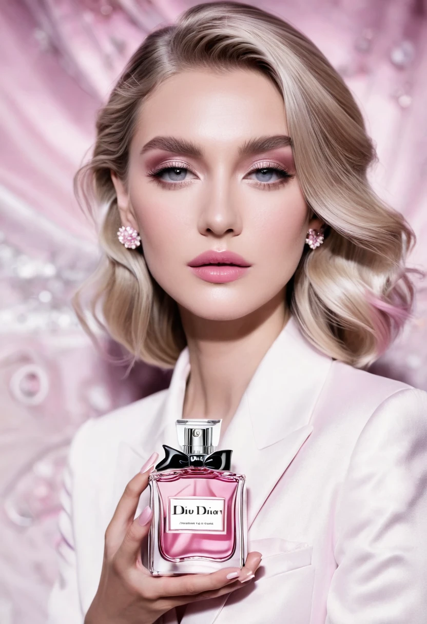 beautiful and elegant blonde woman looking at the camera white , pink Dior perfume propaganda