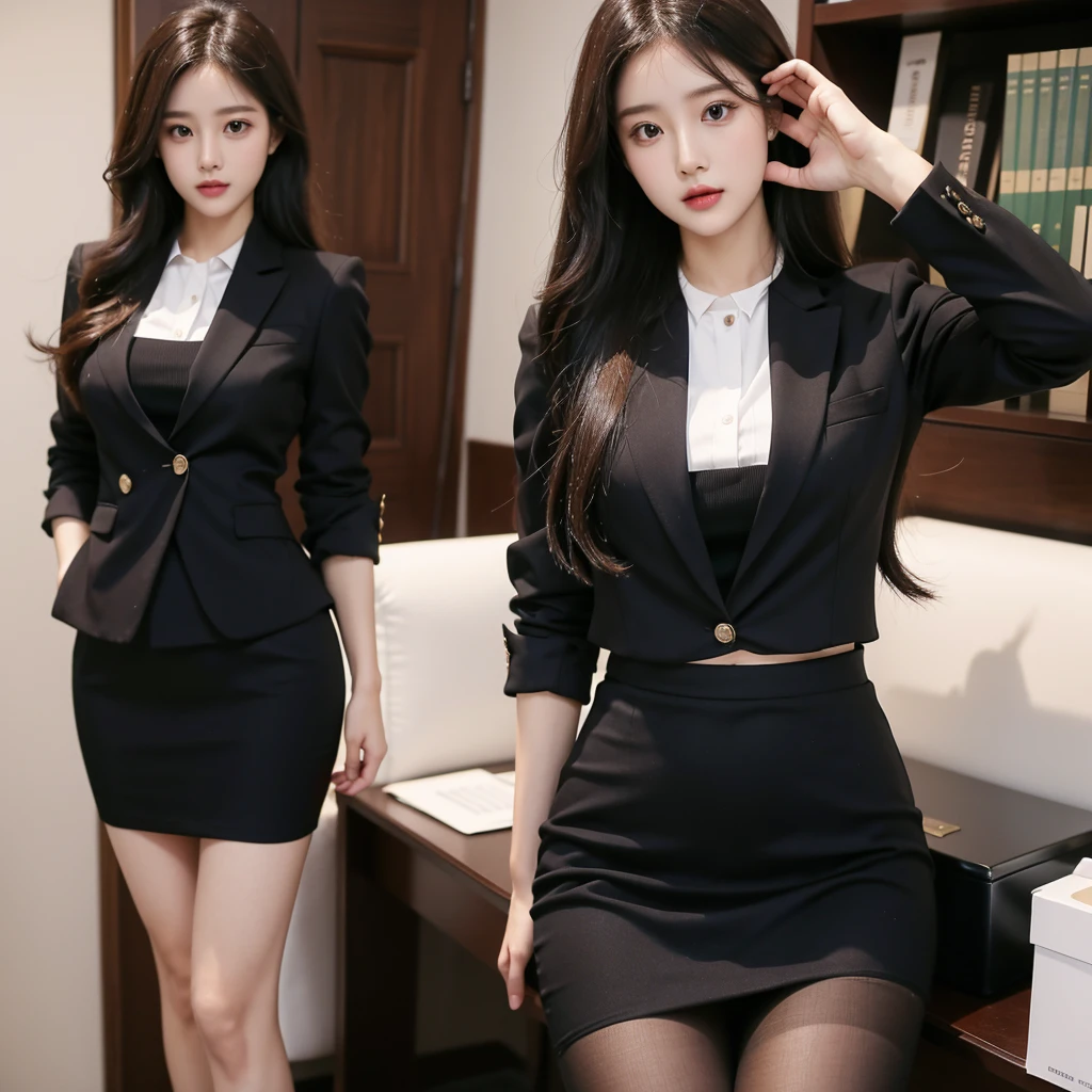 Beauty、BeautyOL、Detailed face、Realistic、beautiful girl、Beauty、Office Lady Uniform、beauty、Beautiful woman、Narrow waist、Handsome woman、Tight skirt look、suit、Sexy pose、Tight mini skirt
