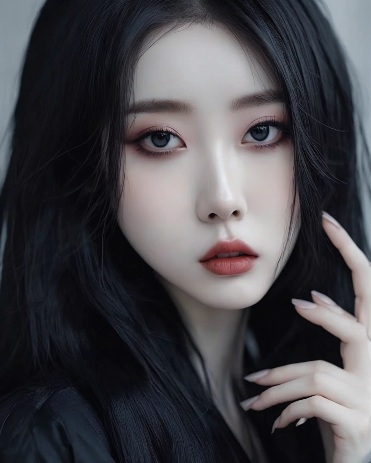 there is a woman with a pair of scissors in her hand, pale snow white skin, ulzzang, clear lips and high quality, cruel korean goth girl, 8k)), goth girl aesthetic, pale goth beauty, beautiful aesthetic face, pale porcelain white skin, black hair and large eyes, aesthetic portrait, with long hair and piercing eyes, beautiful pale makeup