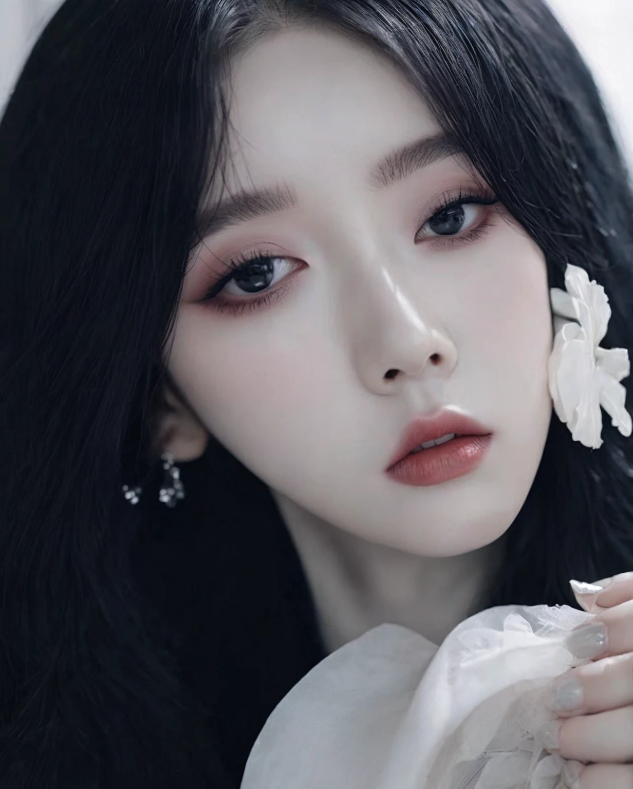 there is a woman with a pair of scissors in her hand, pale snow white skin, ulzzang, clear lips and high quality, cruel korean goth girl, 8k)), goth girl aesthetic, pale goth beauty, beautiful aesthetic face, pale porcelain white skin, black hair and large eyes, aesthetic portrait, with long hair and piercing eyes, beautiful pale makeup