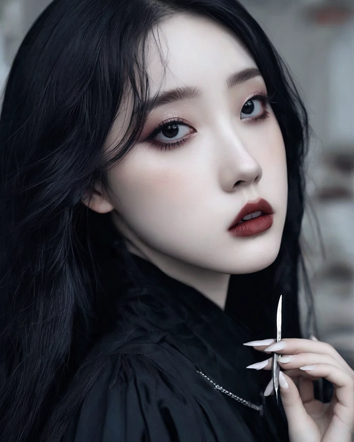 there is a woman with a pair of scissors in her hand, pale snow white skin, ulzzang, clear lips and high quality, cruel korean goth girl, 8k)), goth girl aesthetic, pale goth beauty, beautiful aesthetic face, pale porcelain white skin, black hair and large eyes, aesthetic portrait, with long hair and piercing eyes, beautiful pale makeup