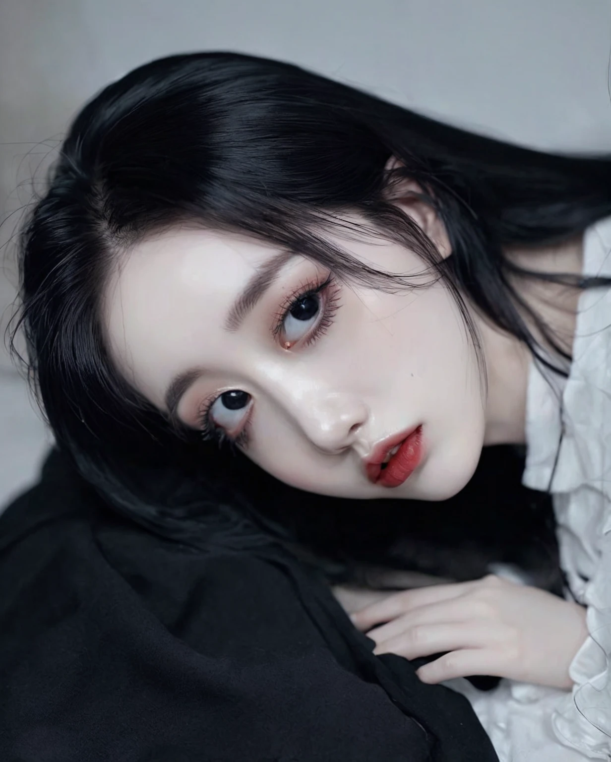 there is a woman with a pair of scissors in her hand, pale snow white skin, ulzzang, clear lips and high quality, cruel korean goth girl, 8k)), goth girl aesthetic, pale goth beauty, beautiful aesthetic face, pale porcelain white skin, black hair and large eyes, aesthetic portrait, with long hair and piercing eyes, beautiful pale makeup