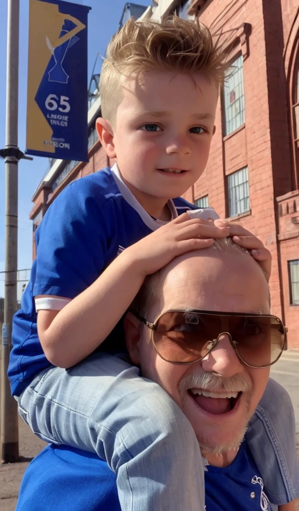 .8 year old boy blond hair , blue shirt with white stripes , old man with sunglasses and blue shirt