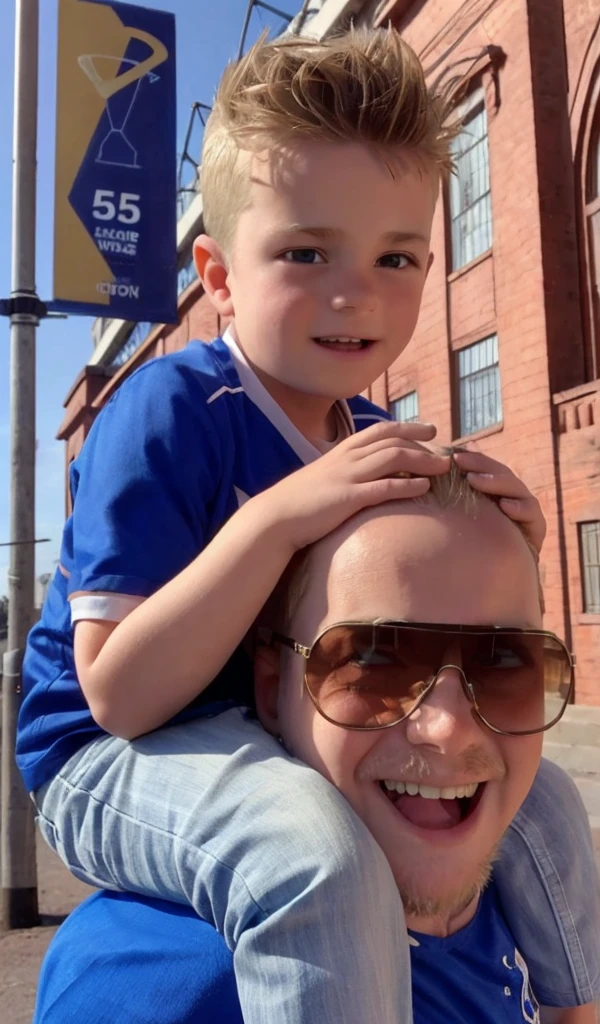 .8 year old boy blond hair , blue shirt with white stripes , old man with sunglasses and blue shirt