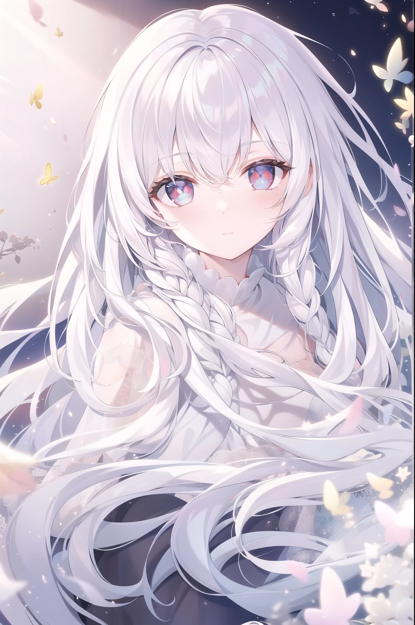 ((masterpiece, best quality))++, Detailed lighting+, Detailed hair+, Detail hand+ ,1 girl, Miss, Long hair, Crimson eyes, beautiful eyes, young white hair,,(Beautiful white hair:1.5),(Beautiful and delicate eyes), high resolution+,glass tint, Reflective eyes, {{angle}} , Very detailed wallpaper, The original, Air bangs,Extremely beautiful CG,black worksuit,Firefly,Galaxy,Shattered like a mirror