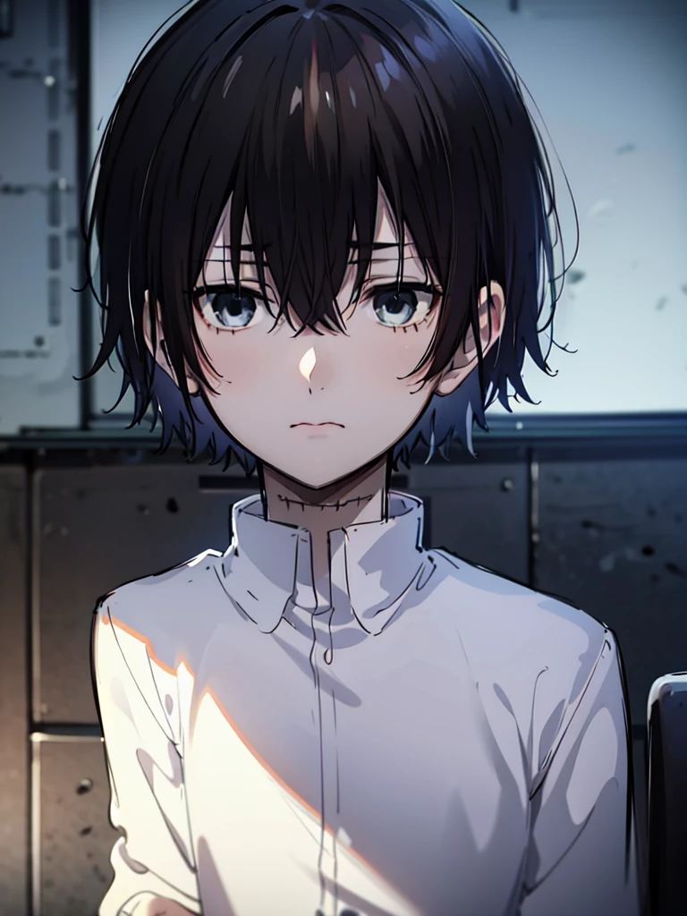 ((best quality)), ((masterpiece)), (detailed), boy, high , uniform, bored look, blank look, disinterested look, black hair, black eyes, sketch, alone, short hair. half body, face, gloomy, dark eyes, manga, light novel, illustration, solo, gloomy, empty classroom.