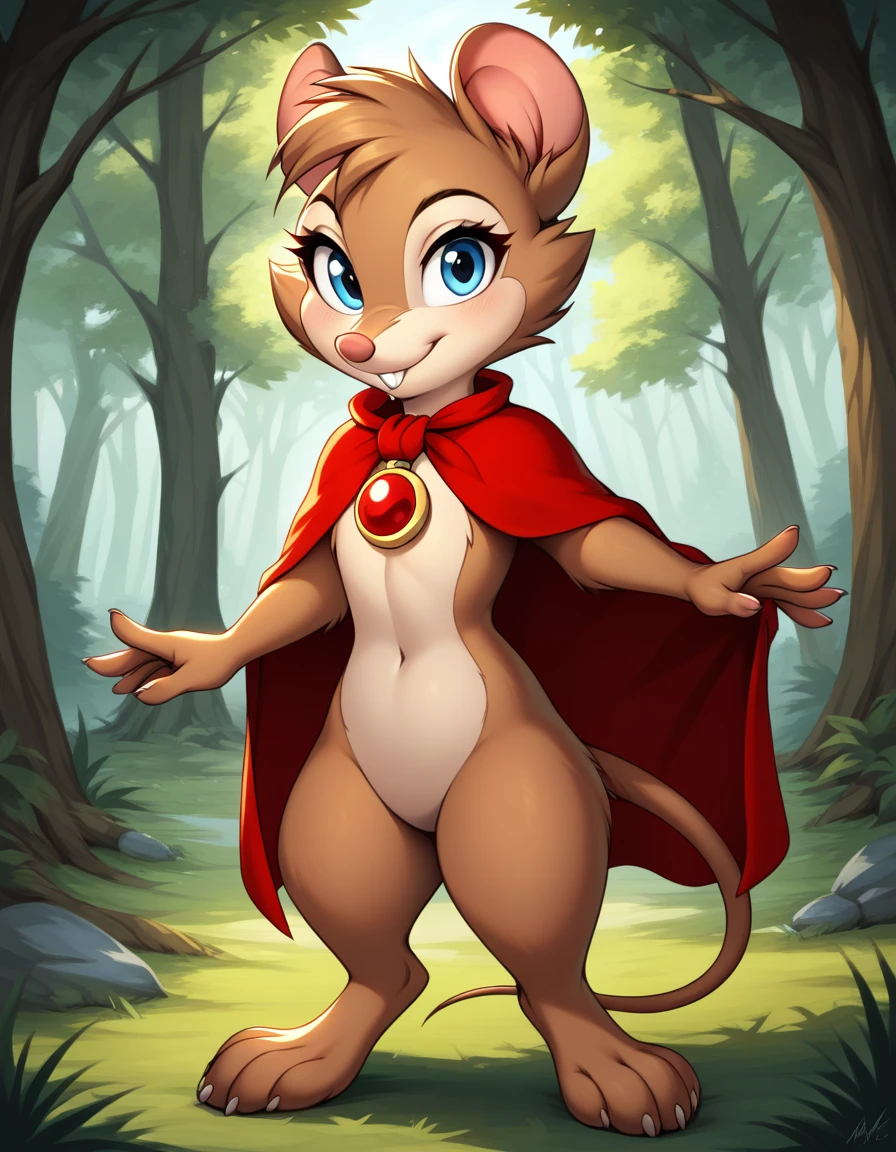 score_9, score_8_up, score_7_up, source_furry, source_safe, best quality, forest, BREAK, 1girl, mrsbrisby_tsonimh, mouse girl, semi-anthro, furry, brown fur, wearing red cape, wearing red pendant, mostly nude, standing, closed mouth, looking at viewer, smile, buck teeth, featureless crotch, featureless chest