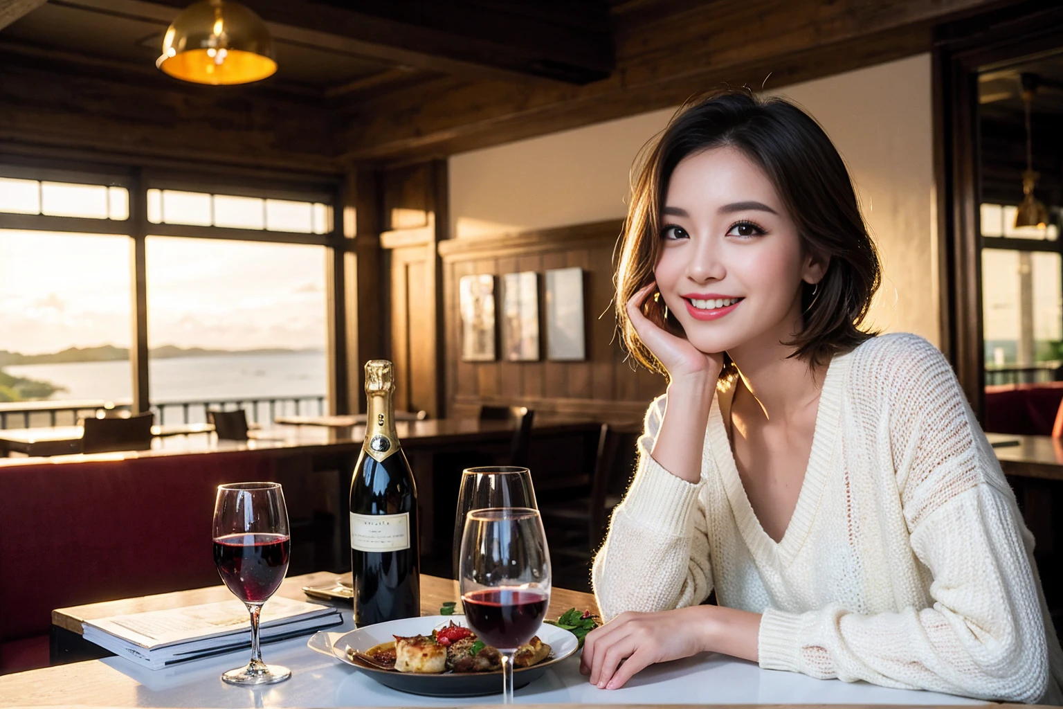 ((Highest quality、8K、masterpiece:1.3))、Shortcuts、cute、slimカップル、modelカップル、actress男優、(Realistic, Intricate details:1.2), full-course dinner、Wine Party、Amazing view of the sunset sky and clouds、A bright smile、short hair,Bright Face、 (Age 45), 42 years old, red wine 、Appetizers、Italian food、Wine bottle、Champagne、sparkling wine、Two beauties、Brown Hair、Shortcuts、Long sleeve shirt、dress、Beautiful woman 1, (slimな顔), (The body is slim), (Brown Hair), (Shortcuts), cheeks turn a little red,Attractive beauty、restaurant, In a prominent place (From the waist up) Nova Frog Style, actress, model, Upper Body, White wine, slim, wine glass, 中央に置かれたwine glass, smile, (smile: 1.15), Beautiful fine grain, Depth f/2,saturation, High Contrast, Strong light and shadow,Moist Body:1.5、3D texture、Delicate eyes、Brown Hair、The hair is very shiny、
