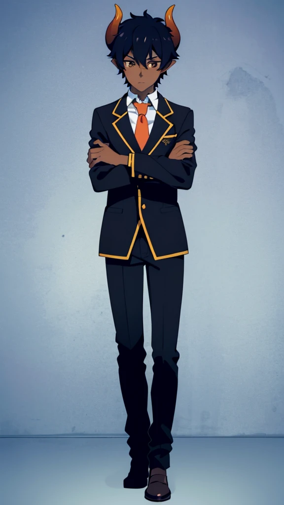 (1boy,20 years old,teen,solo),((dark skin)),short hair,hair between eyes,black hair,elf ears,(horns),orange eyes,(no background, simple background),necktie,black jacket, blazer,long sleeves,pants,full body,walking,crossed arms