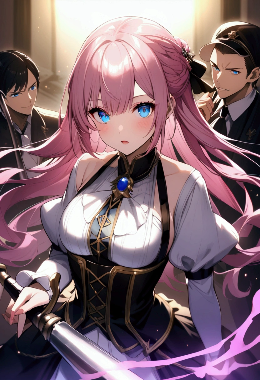 Aristocratic pink haired girl in luxurious clothes、blue eyes、With a middle-aged male slave on a chain around his neck