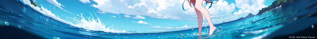 Create a high-quality anime image of a beautiful female elf character standing confidently. She has red hair and a hair ornament. She is wearing a stylish, revealing bikini with great detail. The character is standing with her feet shoulder-width apart, holding a colorful float ring vertically in both hands. The float ring is placed on the ground, perfectly positioned so that her bikini area is visible through the ring. She is looking at you with a charming smile. The setting is a crystal clear turquoise sea. The overall atmosphere is seductive and sensual.