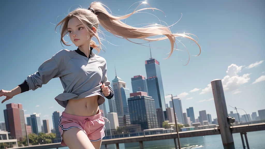 1 Girl, alone, running, Grey Track Top, Pink shorts, ponytail, Athletic build, Dynamic brushwork, Fluid movement, Capture the essence of her athleticism and energy, Use bright and soft colors、Creates a dreamy and fantastical atmosphere, portraying the motion and grace of running, showing the wind blowing her ponytail and clothes, And the surrounding landscape.
Outdoor, Detailed Background, Modern metropolis,