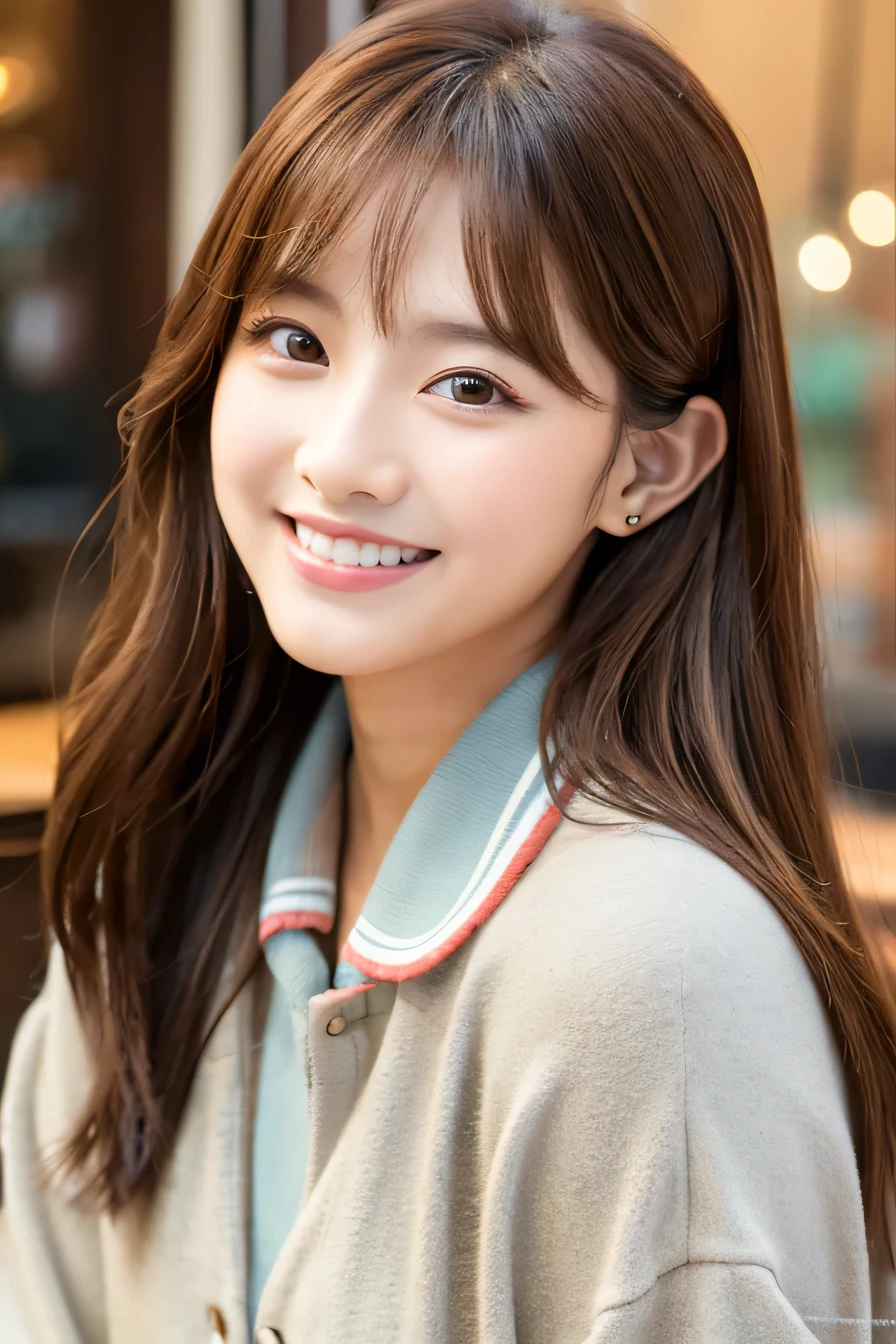 Light brown hair、Clear beauty、hairstyle semi long、coat、Ear piercing、、smile、Beautiful teeth alignment、Intricate details, Very detailed:1.2), 、 Looking into the camera、The background is a coffee shop