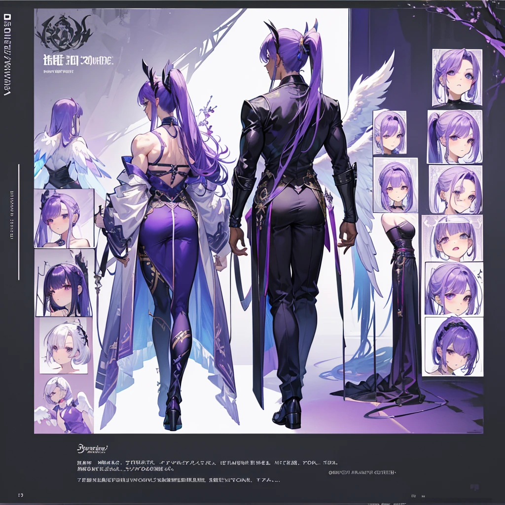 (Masterpiece, best quality), detailed, 1 man, ((character concept art)), ((character design sheet, same character, front, side, back)), full body, body complete, 1 Male angel, 1 Man angel, Detailed face, character design sheet,full bodyesbian, Highly detailed, character sheet, character design, Many parts, dark skin, angel wings, long ponytail purple hair, angel outfit, muscle male god, male clothes, masculine, muscle man, male muscle, manly, male angel, Muscle male with long ponytail purple hair,beautiful man, beautiful muscle man