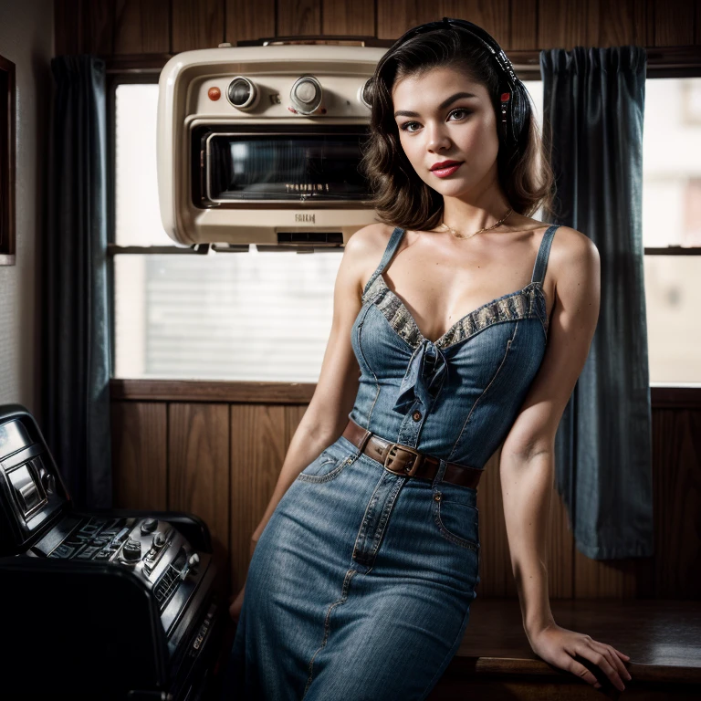 Retro Cam. margaret qualley, aircraft hangar, pilot dress, pin-up, vintage, 22 years old, perfect body, 40's, perspective, half body detail, sharp focus, light mix, detail, 50's, (high skin detail: 1,2), 8k hd, Wallpaper, DSLR, Luz outfit, high quality, Fujifilm XT3 Grainy Films.