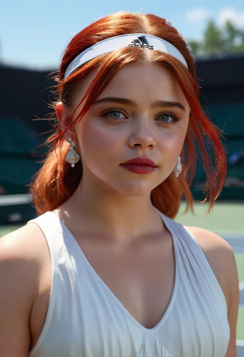 1girl, Chloe Moretz, beautiful detailed eyes, beautiful detailed lips, extremely detailed eyes and face, long eyelashes, white pleated silk tennis minidress by Adidas, sheer shiny shimmering silky tan pantyhose by L'eggs, 5 inch black high heeled stilettos by Louis Vuitton, holding tennis racket, posing on tennis court at Arthur Ashe Stadium, New York City in background, red lipstick, dangling earrings, fiery red hair in ponytail, stylish visor, (best quality,4k,8k,highres,masterpiece:1.2),ultra-detailed,(realistic,photorealistic,photo-realistic:1.37),hyper detailed,photorealistic,stunning,professional,masterpiece,vibrant colors,natural lighting