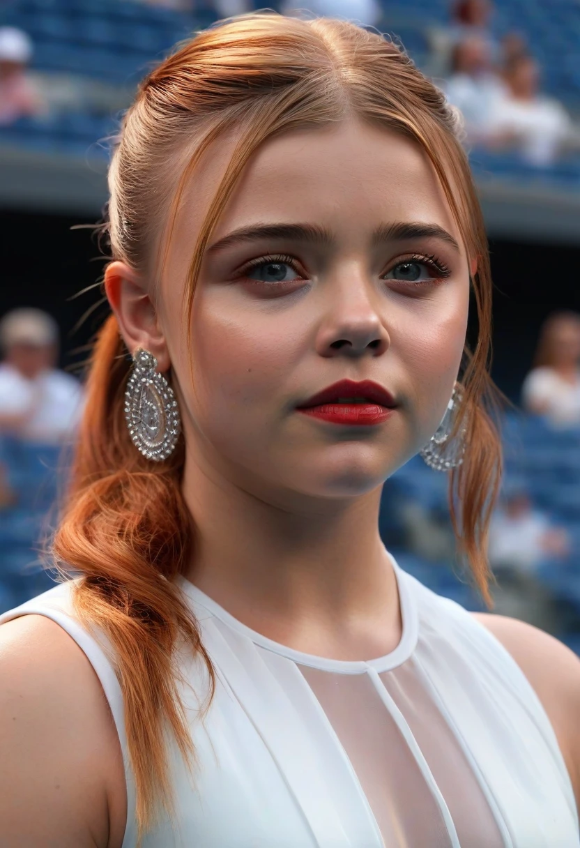 1girl, Chloe Moretz, beautiful detailed eyes, beautiful detailed lips, extremely detailed eyes and face, long eyelashes, white pleated silk tennis minidress by Adidas, sheer shiny shimmering silky tan pantyhose by L'eggs, 5 inch black high heeled stilettos by Louis Vuitton, holding tennis racket, posing on tennis court at Arthur Ashe Stadium, New York City in background, red lipstick, dangling earrings, fiery red hair in ponytail, stylish visor, (best quality,4k,8k,highres,masterpiece:1.2),ultra-detailed,(realistic,photorealistic,photo-realistic:1.37),hyper detailed,photorealistic,stunning,professional,masterpiece,vibrant colors,natural lighting