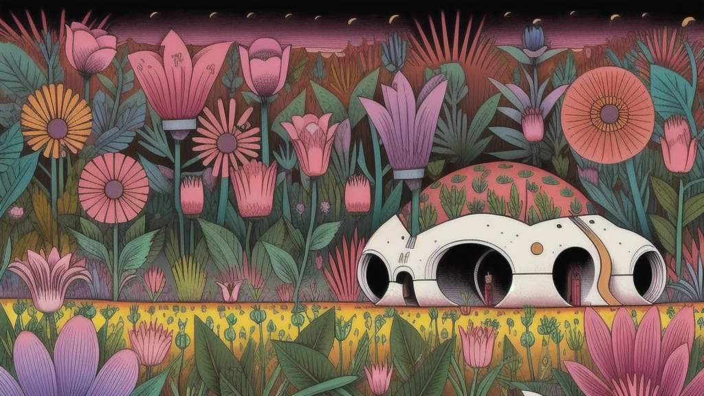 Mind Warp , There are maracas in the middle of a field of flowers and plants.、Chris LaBroy, Detailed illustrations, Album cover, Psychedelic Art