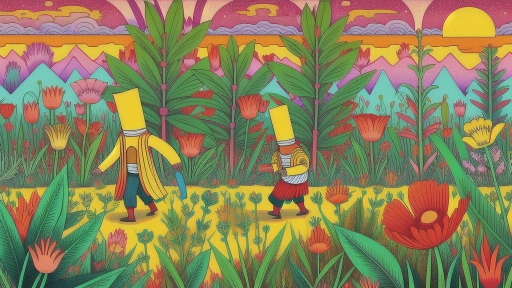 Mind Warp , There are maracas in the middle of a field of flowers and plants.、Chris LaBroy, Detailed illustrations, Album cover, Psychedelic Art