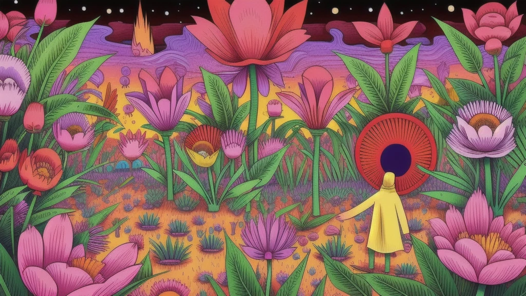 Mind Warp , There are maracas in the middle of a field of flowers and plants.、Chris LaBroy, Detailed illustrations, Album cover, Psychedelic Art