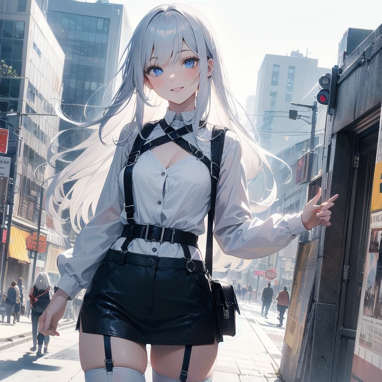 (Masterpiece, Best quality, ultra high resolution), (((1 girl))), Silver hair, Pale skin, Beautiful detailed face, Detailed eyes, posing on a white background, Dynamic lighting, dynamic shadowing, looking at viewer, White street punk fashion with blue details, (Posing for a photo), ((White clothes)), (((black thigh highs))), jean shorts, skirt, white sweater, ((Blue eyes)), happy, smiling, black straps, black strap design, ((Long white hair)), energetic, cheerful, cityscape background, (garter), blue tertiary color, blue highlights, purse, hand bag, ((chest harness fashion))
