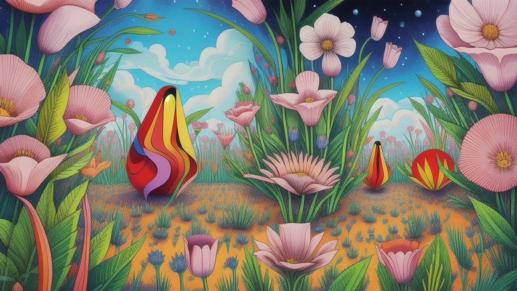 Mind Warp , There are maracas in the middle of a field of flowers and plants.、Chris LaBroy, Detailed illustrations, Album cover, Psychedelic Art