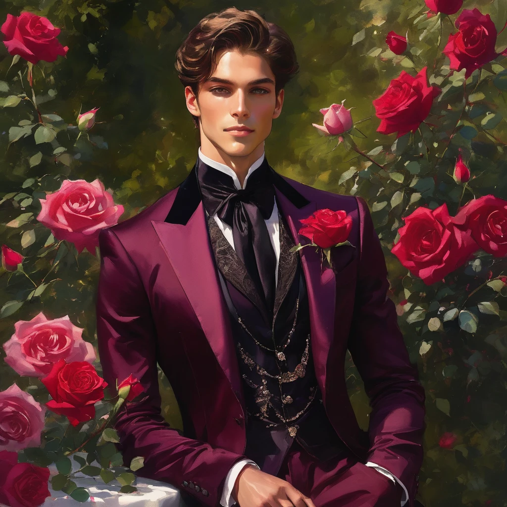 Create an image of a young man inspired by the characteristics of the rose 'The Prince.' The male model, prince eyes, sweet smile, standing in a poised and regal posture, with hand lightly resting by his side, evokes a sense of deep contemplation and elegance. He is dressed in a deep, rich velvet jacket in dark purple-red or red wine, adorned with intricate embroidery and layered over a crisp black shirt, complemented by dark tailored trousers and polished black shoes. His clothing reflects the complex, multi-petaled structure of the rose, with detailed textures and luxurious fabrics.
The composition places the model slightly off-center, allowing for a view of a lush green house garden background with glossy green leaves and hints of blooming red roses, creating a natural yet sophisticated setting. Soft, diffused lighting highlights the model's features and clothing, casting gentle shadows that add depth and dimension to the image. The overall atmosphere is one of quiet intensity and refined elegance, with a subtle hint of romanticism.
 Captured in a low angle, ((full-body image)), fashion sketching, realistic drawing, ((imperfect water color drawing background)), fashion look book, fashion illustrator, fashion sketch design, gay, gay couple, The Prince rose, a variety by David Austin, is known for its deep crimson color. 