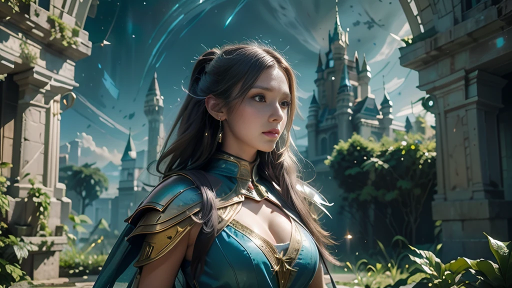 masterpiece, rest, best quality, Very detailed, Super real, 16K, high resolution, castle，jungle, ((Starry Sky)),Female Mage，Gorgeous armor，Complex Mode，Large Breasts，Pretty Face，Closed mouth，dramatic，Half-length photo，Glowing scepter