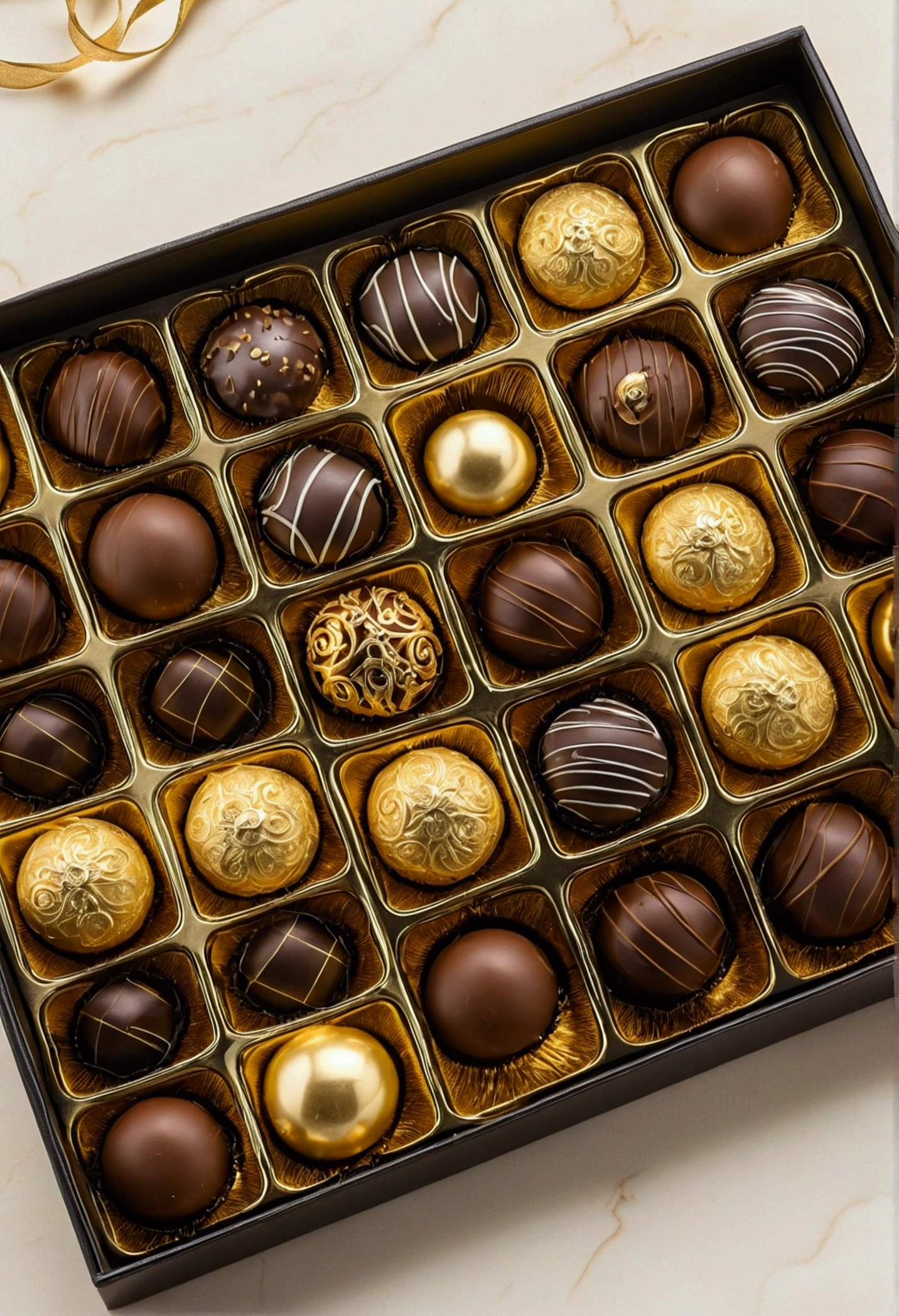 Create a completely luxurious black and gold box for twelve chocolates.