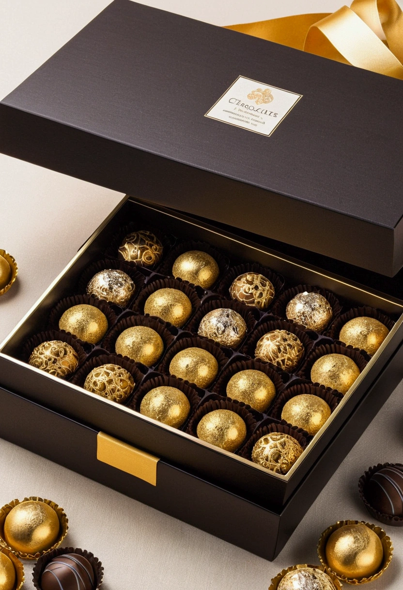Create a completely luxurious black and gold box for twelve chocolates.