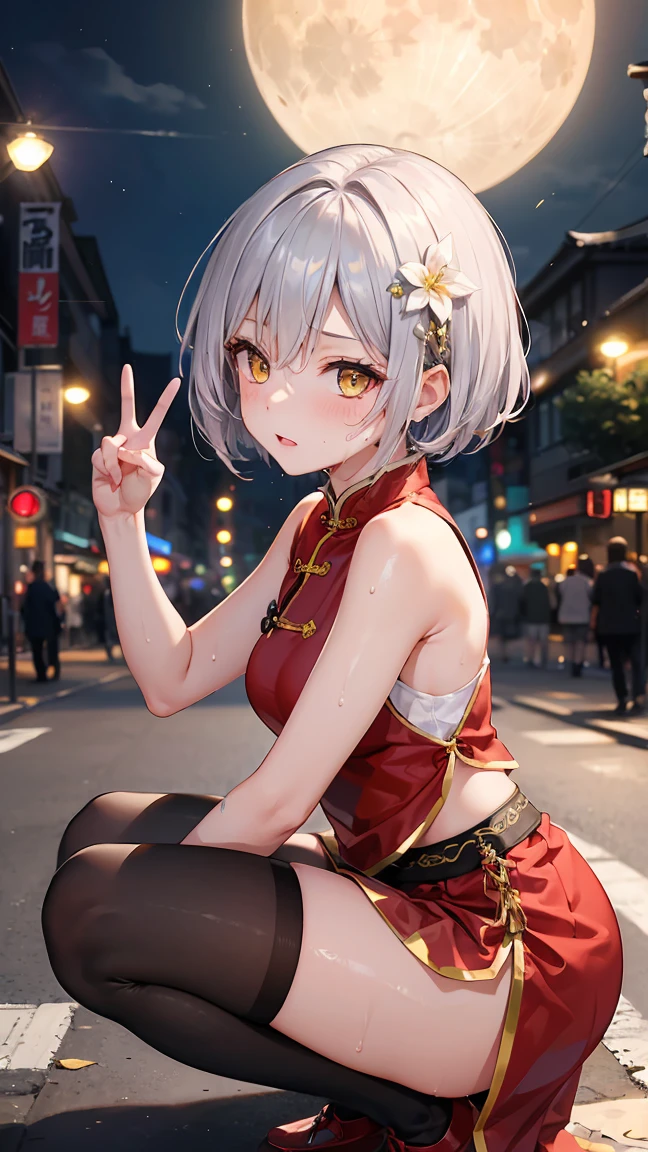 Young girl 10 years old, short silver bob hair, hair flower, sharp bangs between the eyes, yellow  eyes, eyes large, provocative look, obscene expression, making a peace sign with one hand, notable physical features, traditional chinese imperial clothes black with gold details, red skirt, black thigh high socks. half-sided angle, crouched in the street, lumbar angle, 90 degree body angle. japanese city, outdoor city, city at night, with full moon in the background, light reflecting on the sexy and sweaty body. (((sweat))) (work of art:1.2,) (best qualityer.)