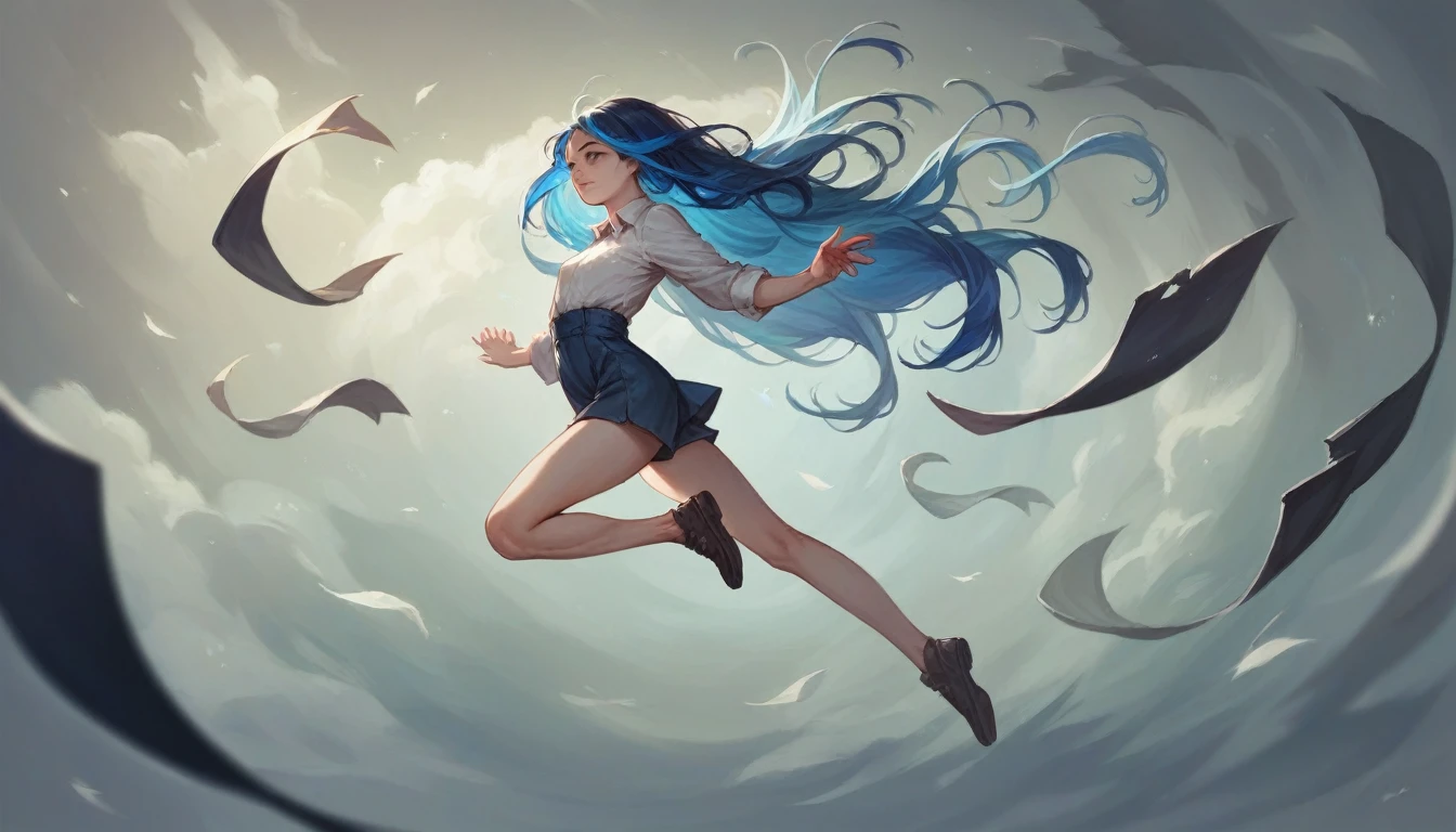Young girl, , Long hair with blue highlights, floating, bend one leg、Stand with the other leg extended, Cover photo, Realistic 3D animation style