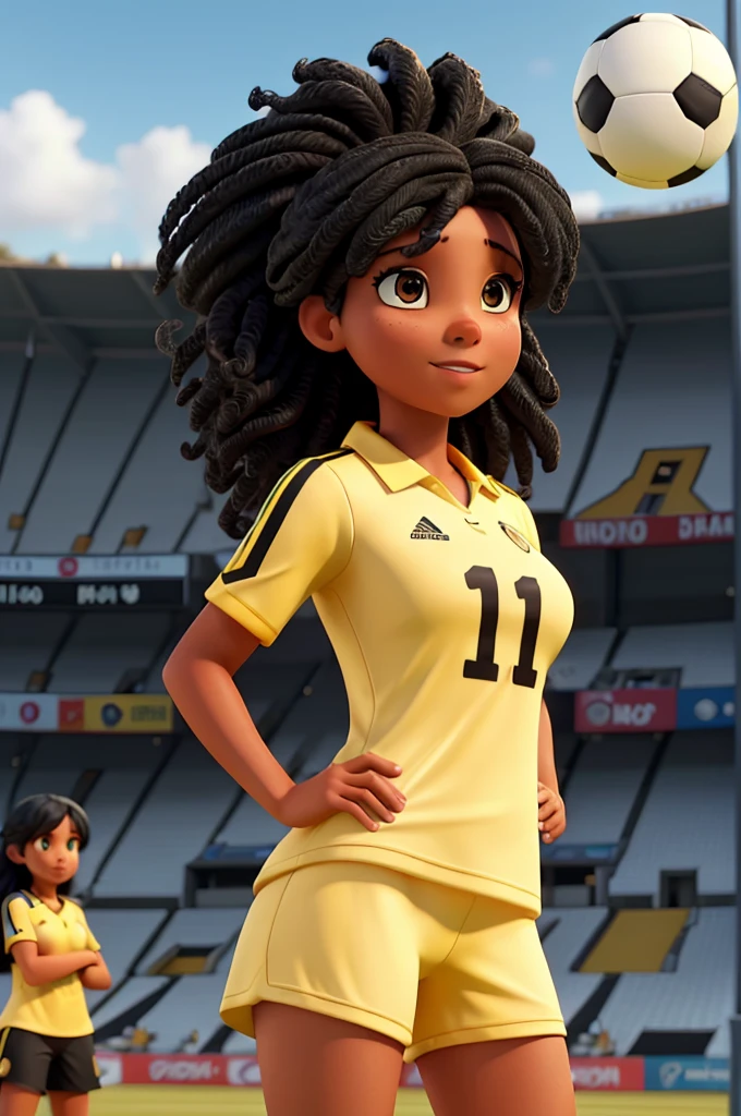 image of a white woman with black hair in the soccer stadium with the yellow shirt of the Colombian national team personalized with the number 10 and name GIORGI