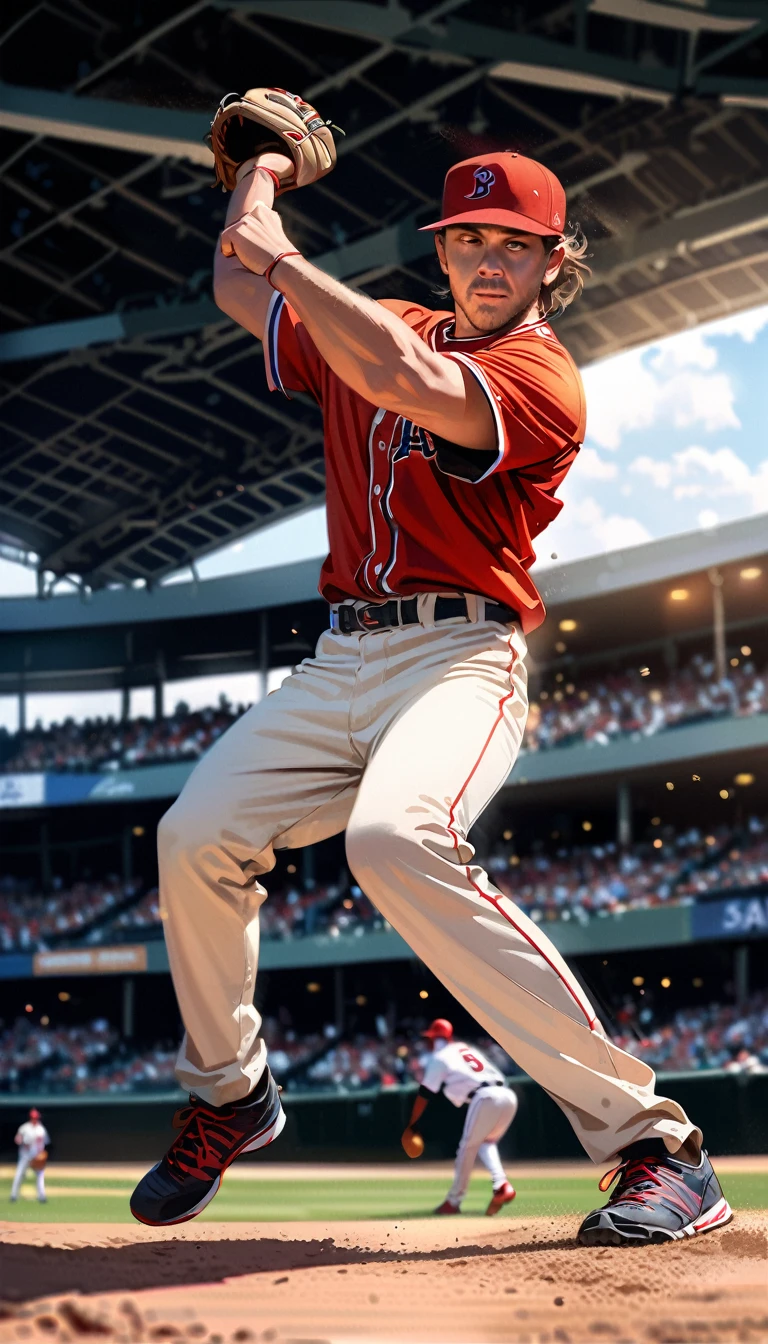 realistic baseball player, baseball pitcher, dynamic shot when player throws baseball, front view, motion blur, motion capture, realistic shot, full body shot, dynamic action, (best quality,4k,8k,highres,masterpiece:1.2),ultra-detailed,(realistic,photorealistic,photo-realistic:1.37),HDR,UHD,studio lighting,ultra-fine painting,sharp focus,physically-based rendering,extreme detail description,professional,vivid colors,bokeh,sports,action,motion,baseball,athlete,sportsman,player,pitcher,throwing,pitch,fastball,curveball,slider,baseball field,sports stadium,crowd,cheering,dust,dirt,grass,sky,clouds,sunlight