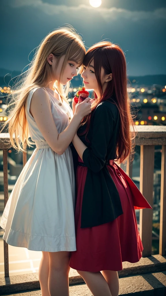 (Natural strawberry blonde and redhead girls with pretty faces), Cute pose, wearing a button dress, Atmospheric, Dark atmosphere, Edge lighting, Sayaka Yamamoto, Saito Asuka, Mao Akiyama's facial features, 8K, Full 体 portrait, Elegant outfit, Natural light, Spooky greenhouse at night, Sharp focus, (Highly detailed eyes and face:1.1, Professional photography techniques), (Beautiful small face, beautiful girl, high school student, Idol Face, Baby Face:1.4), smile, Happy, K UHD, Hmph, Beautiful and soft skin, Vibrant Skin, blush, (Chirarizum:1.3, Unbutton the dress:1.5), ((Beautiful breasts:1.2, Cleavage)), (Small beautiful butt), (Detailed hands:1.1, The optimal ratio is four fingers to one thumb), Perfect proportions, (Perfect Anatomy:1.3), (Highest quality, Masterpiece, Highest quality, Ultra high definition, Photorealism:1.4), ((Touching each other's breasts:1.4))