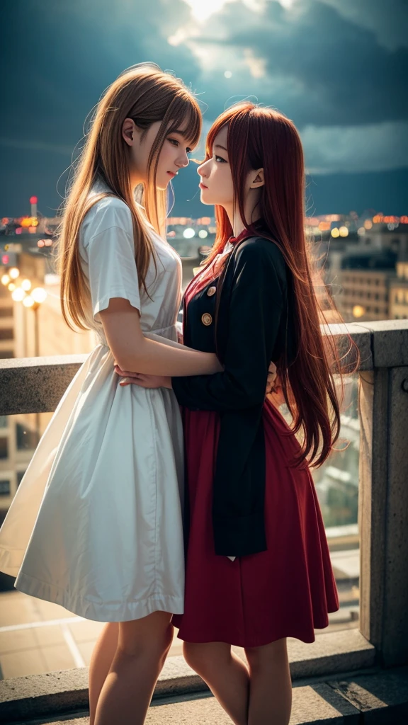 (Natural strawberry blonde and redhead girls with pretty faces), Cute pose, wearing a button dress, Atmospheric, Dark atmosphere, Edge lighting, Sayaka Yamamoto, Saito Asuka, Mao Akiyama's facial features, 8K, Full 体 portrait, Elegant outfit, Natural light, Spooky greenhouse at night, Sharp focus, (Highly detailed eyes and face:1.2, Professional photography techniques), (Beautiful small face, beautiful girl, high , Idol Face, Baby Face:1.4)Happy, K UHD, Beautiful and soft skin, Vibrant Skin, blush, (Chirarizum:1.3, Unbutton the dress:1.5), ((Beautiful breasts:1.3, Cleavage)), (Small beautiful butt), (Detailed hands:1.2, The optimal ratio is four fingers to one thumb), Perfect proportions, (Perfect Anatomy:1.3), (Highest quality, Masterpiece, Highest quality, Ultra high definition, Photorealism:1.4), ((Kiss on the lips:1.4)), (Beautiful hair blowing in the wind:1.4)