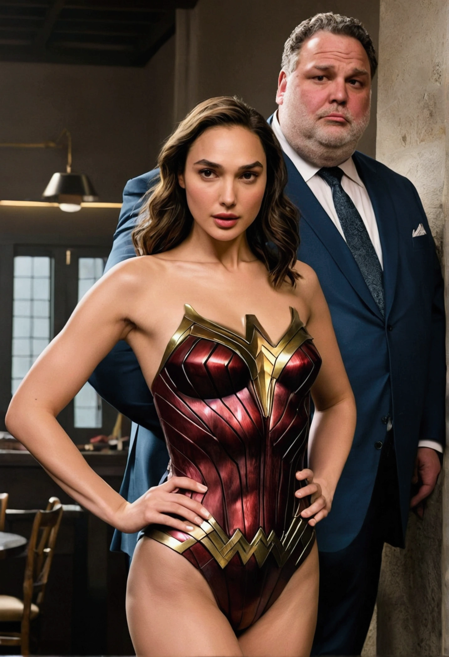 Gal Gadot pure beauty seductive and perverted look standing in front of a fat overweight man