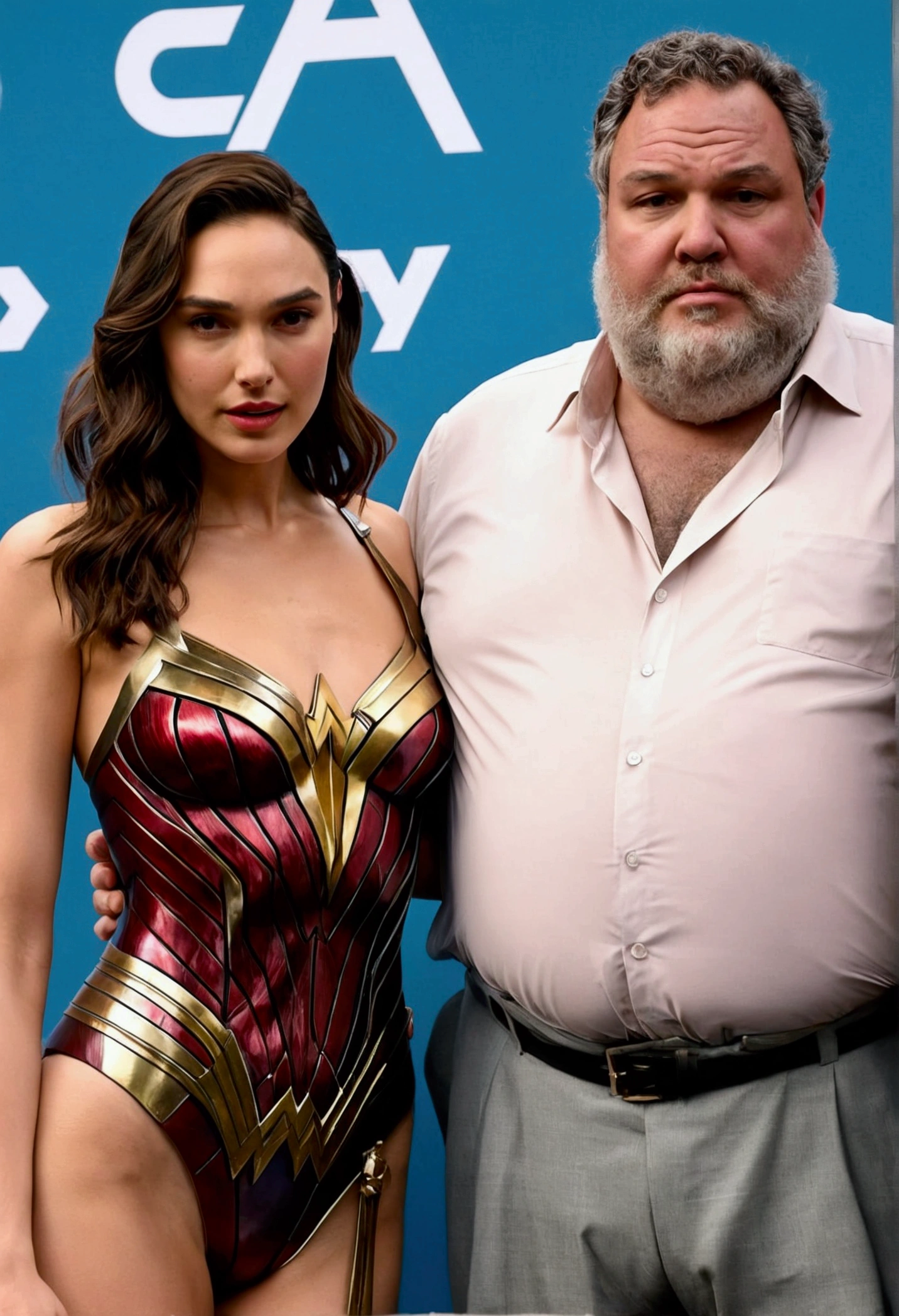 Gal Gadot pure beauty seductive and perverted look standing in front of a fat overweight man