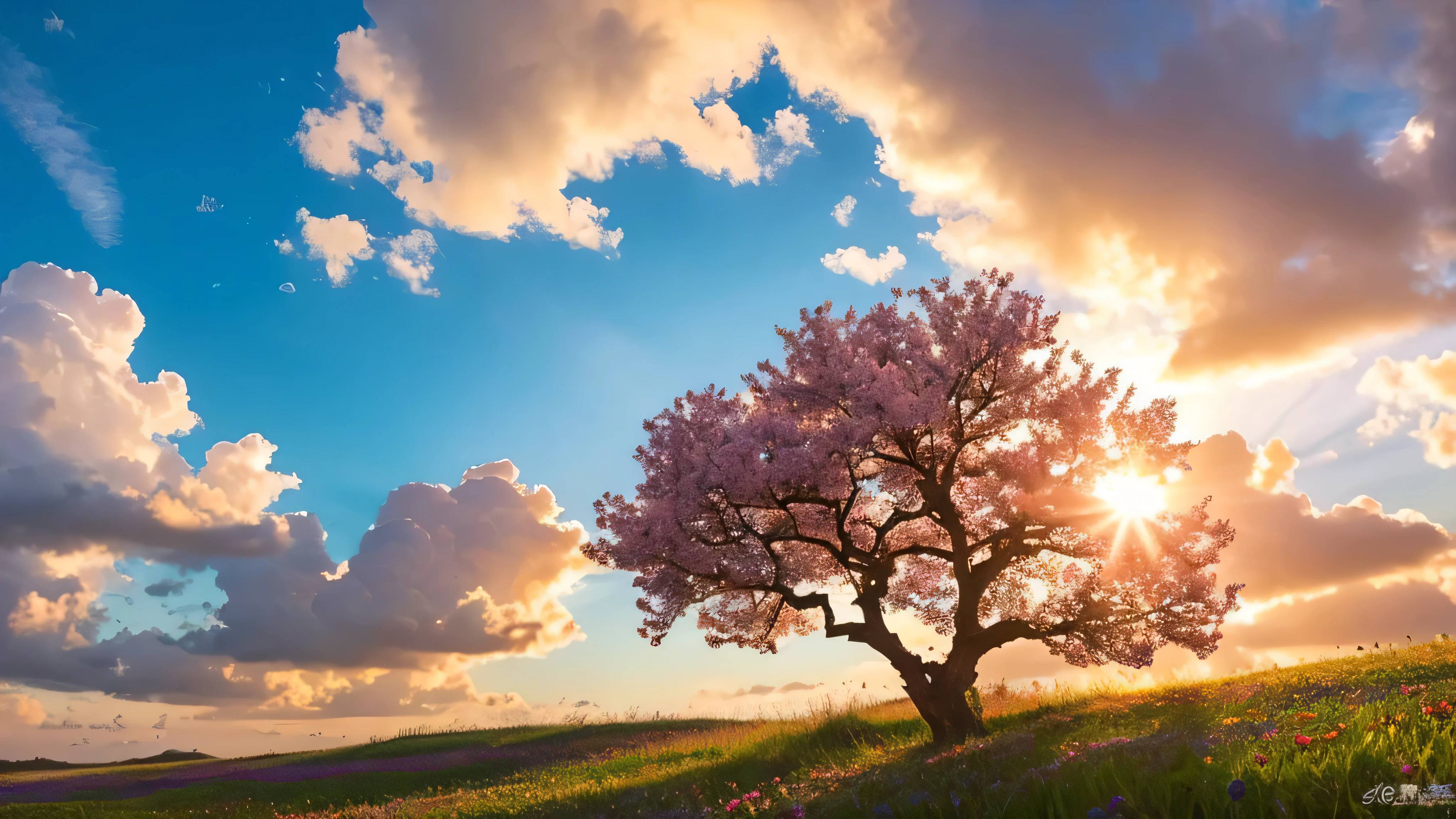 Under the expanse of blue sky, Vibrant flowers reach out towards the sun, Pink and white petals open. When the golden sun begins to rise、Fluffy clouds float leisurely in the background, Casting a warm glow on the tranquil landscape. This great photo is、It captures the essence of a serene morning., Where nature awakens in a symphony of color and light. Crisp and vivid details, Inviting viewers to immerse themselves in the beauty of the beginning of a new day.