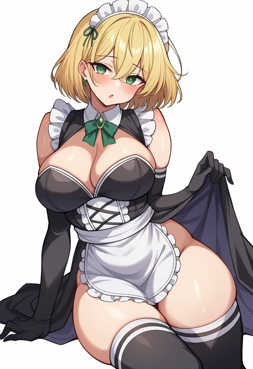 (One girl)、arm behind back、bob cut、flipped hair、((Blonde))、（Sato Air）、slan eyes、(Big super breasts)、((Chubby))、beautiful girl、[[Big thighs]]、green eye、(Maid clotheini skirt)、No sleeve、White sleeveless、((hairs between eyes))、((thigh-high socks thighhighs))、(long gloves)、say、White Background、
