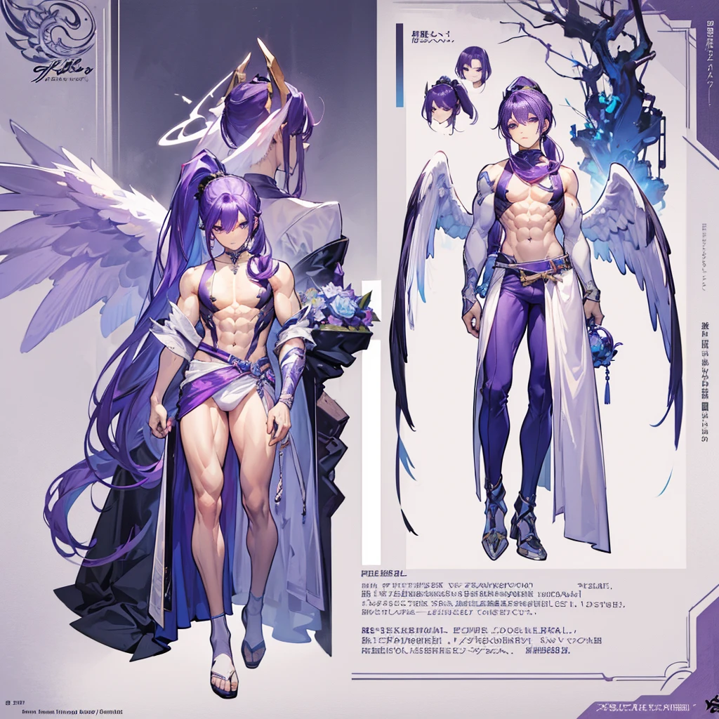 (Masterpiece, best quality), detailed, 1 man, ((character concept art)), ((character design sheet, same character, front, side, back)), full body, body complete, 1 Male angel, 1 Man angel, Detailed face, character design sheet，full bodyesbian, Highly detailed, character sheet, character design, Many parts, dark skin, angel wings, long ponytail purple hair, angel outfit, muscle male god, male clothes, masculine, muscle man, male muscle, manly, male angel, Muscle male with long long ponytail purple hair，beautiful man, beautiful muscle man, abs, pectoral muscle