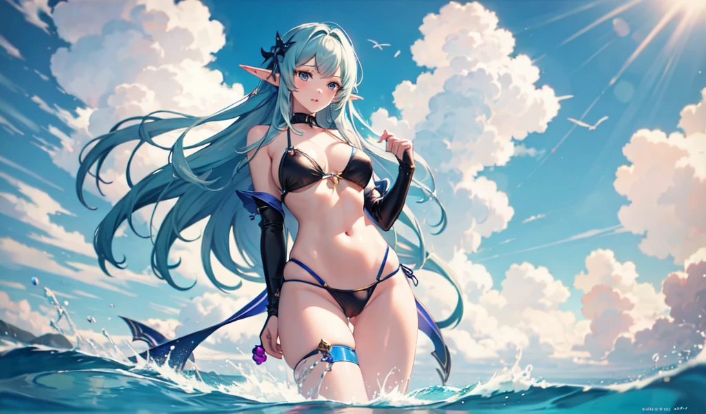 ((best quality)), ((masterpiece)), (detailed), 1girl,Elf Women,
bikini.Angle from below,Ocean,Standing with legs apart